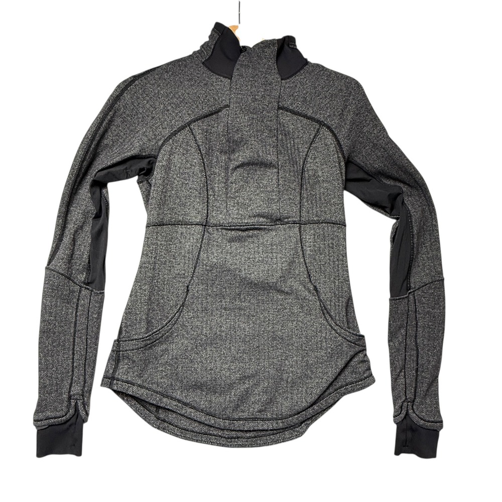 Lululemon herringbone athletic ¼ zip neck thumbholes black grey womens size 8